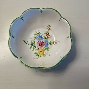 French Faience Mini Bowl White with Green Trim Floral Center Hand Painted Vtg